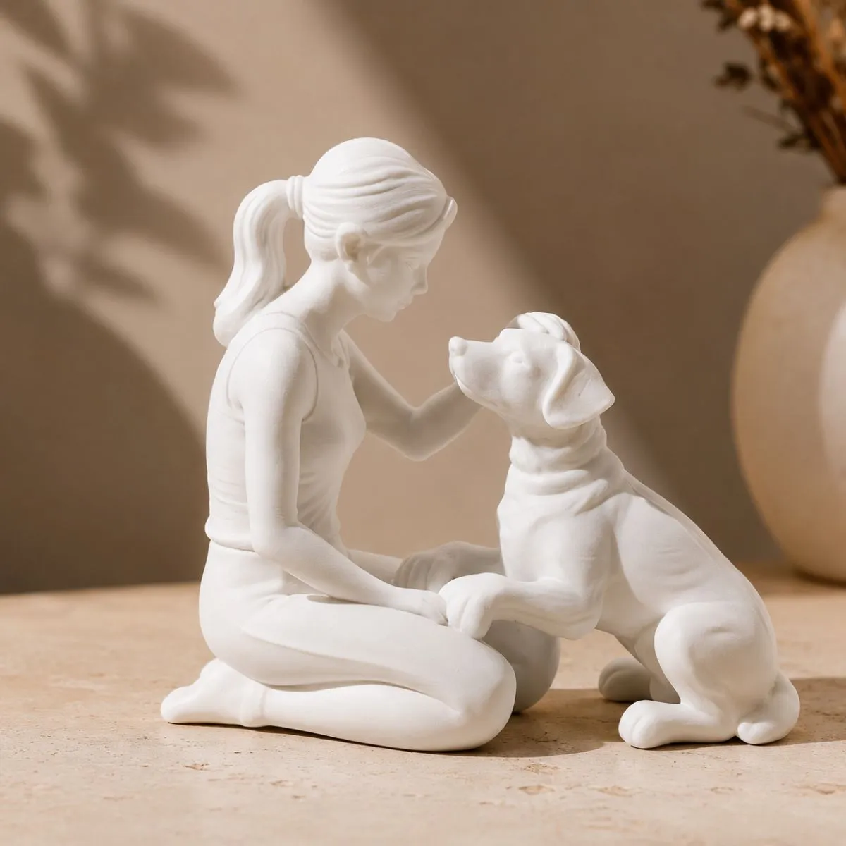 Escultura Mulher E Cachorro Pet Lover Decoração Moderna
