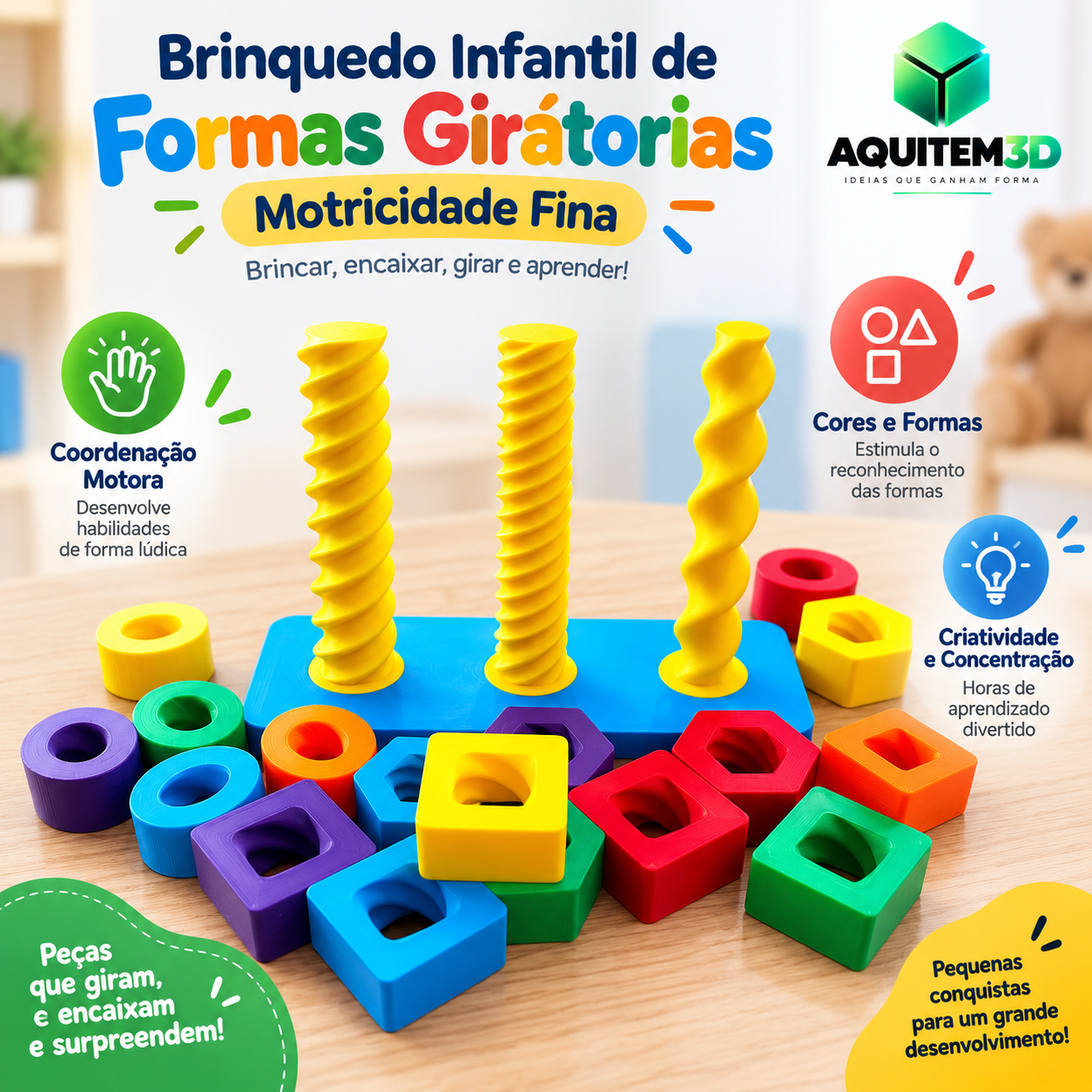 Brinquedo Infantil de Formas Giratórias | Motricidade Fina